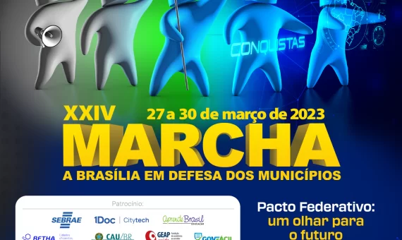 ilustração colorida da Marcha a Brasília com figuras de pessoas em fundo azul, verde e cinza