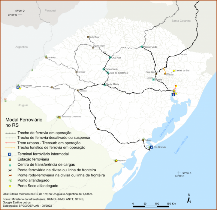 mapa do rs com os ramais de ferrovias