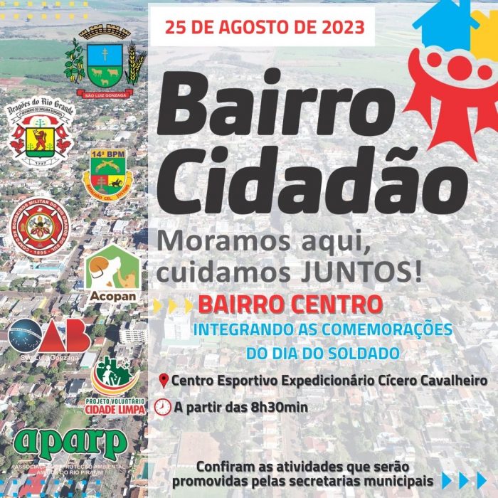 Card colorido de divulgação do projeto Bairro Cidadão com informações em texto e fundo com foto da cidade